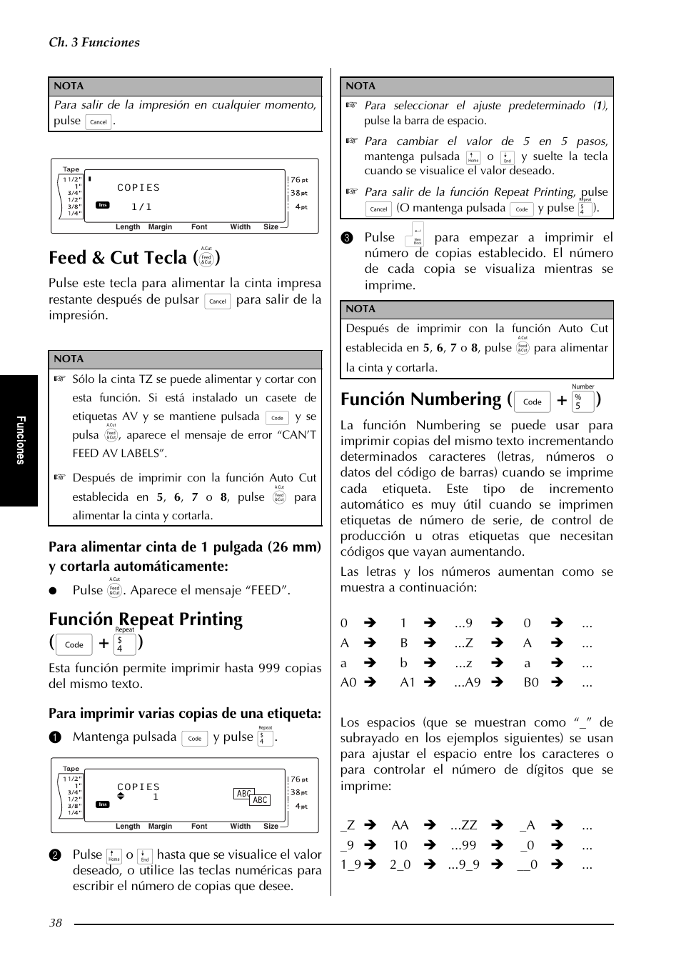 Feed & cut tecla, Función repeat printing ( d, Función numbering ( d | Para imprimir varias copias de una etiqueta, Ch. 3 funciones, Pulse f. aparece el mensaje “feed | Brother PT-9600 User Manual | Page 168 / 235