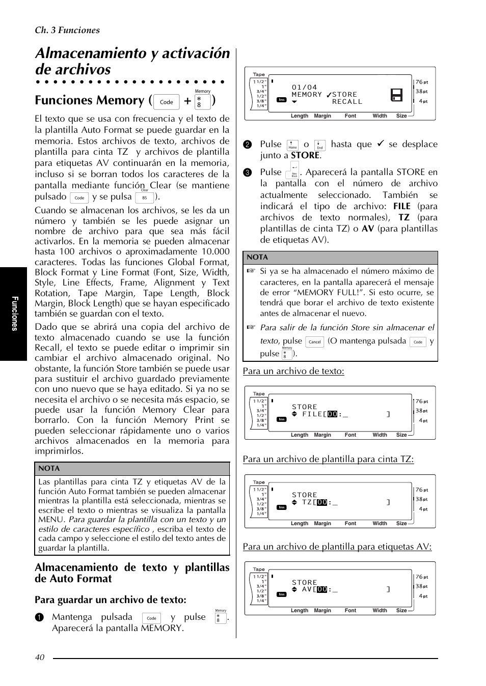 Almacenamiento y activación de archivos, Almacenamiento y activación, De archivos | Para guardar un archivo de texto, Ch. 3 funciones, Fu nc io ne s, O mantenga pulsada d y pulse 8) | Brother PT-9600 User Manual | Page 170 / 235