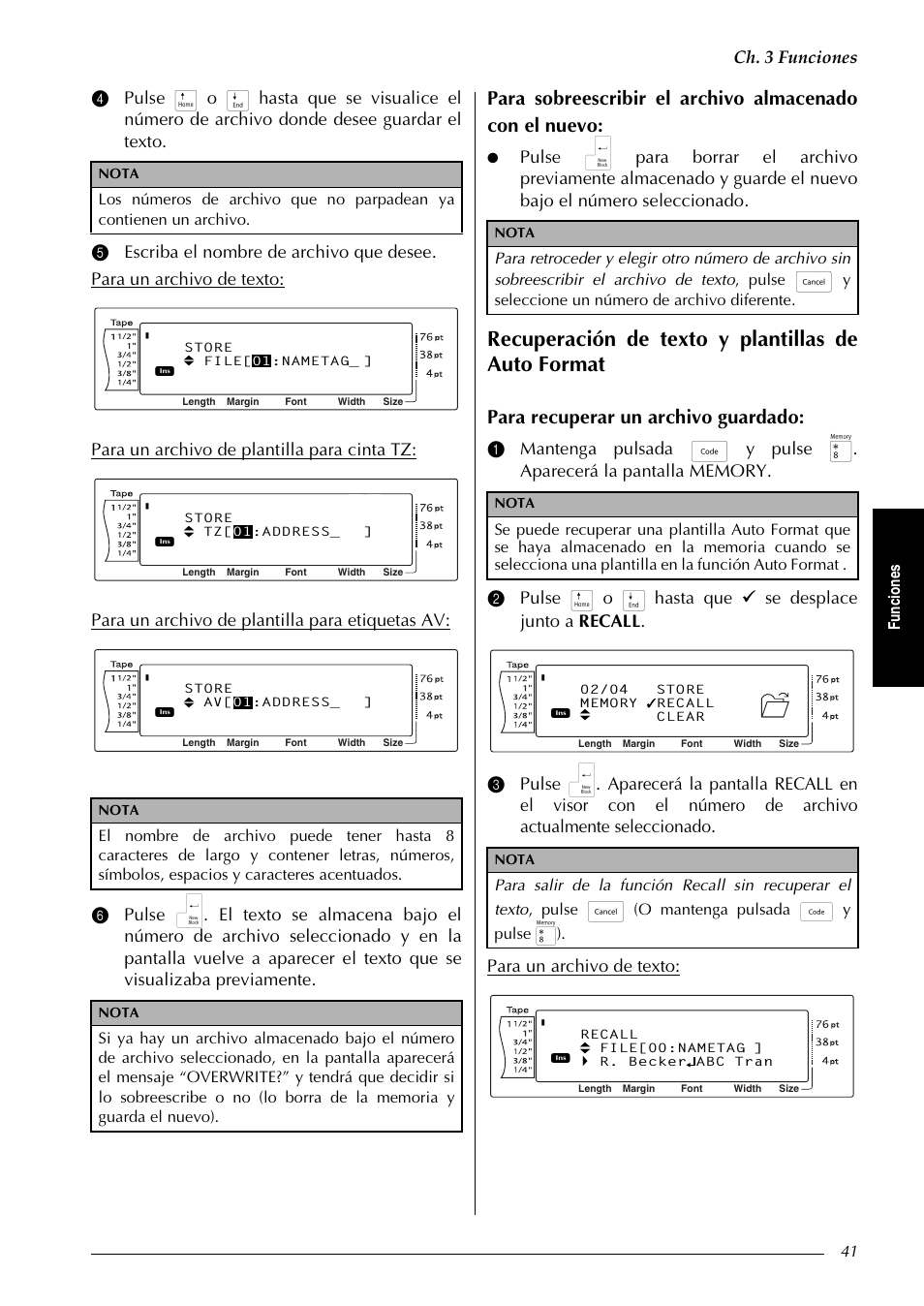 Recuperación de texto y plantillas de auto format, Para recuperar un archivo guardado, Ch. 3 funciones | Fu nc ion es, Yseleccione un número de archivo diferente, O mantenga pulsada d y pulse 8) | Brother PT-9600 User Manual | Page 171 / 235