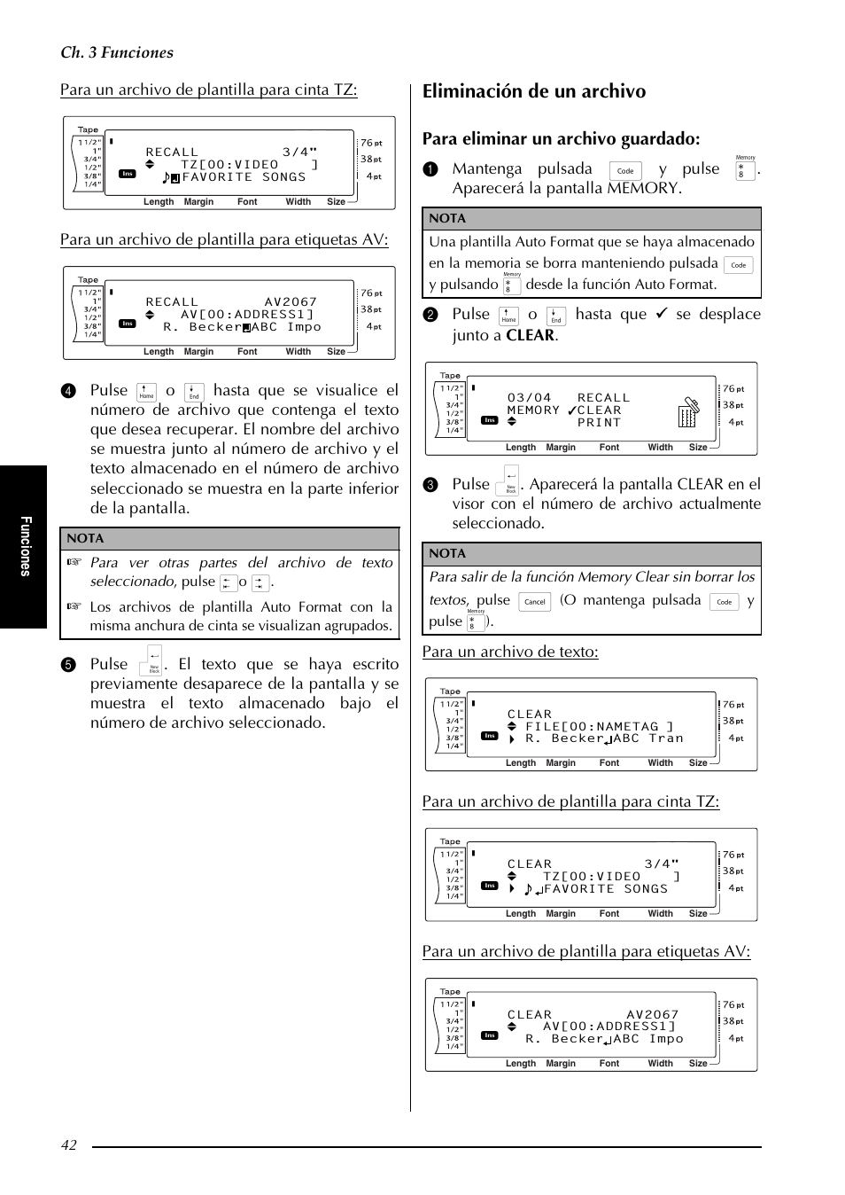 Eliminación de un archivo, Para eliminar un archivo guardado, Ch. 3 funciones | Fu nc io ne s, O mantenga pulsada d y pulse 8) | Brother PT-9600 User Manual | Page 172 / 235