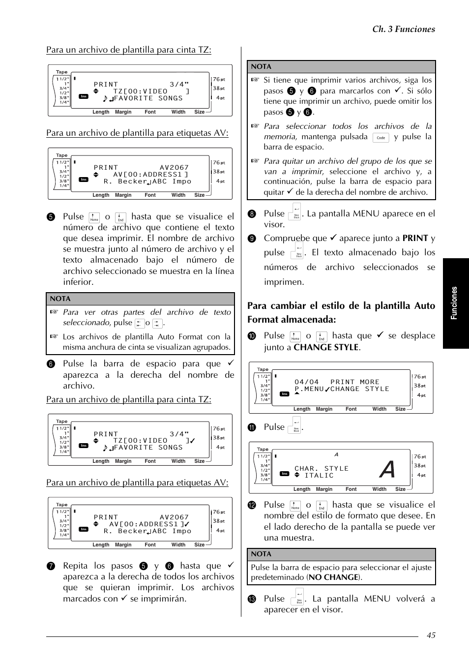 Ch. 3 funciones, Fu nc ion es, Para marcarlos con | De la derecha del nombre de archivo | Brother PT-9600 User Manual | Page 175 / 235
