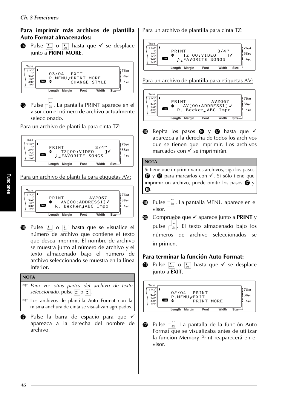 Para terminar la función auto format, Ch. 3 funciones, Fu nc io ne s | Para marcarlos con | Brother PT-9600 User Manual | Page 176 / 235