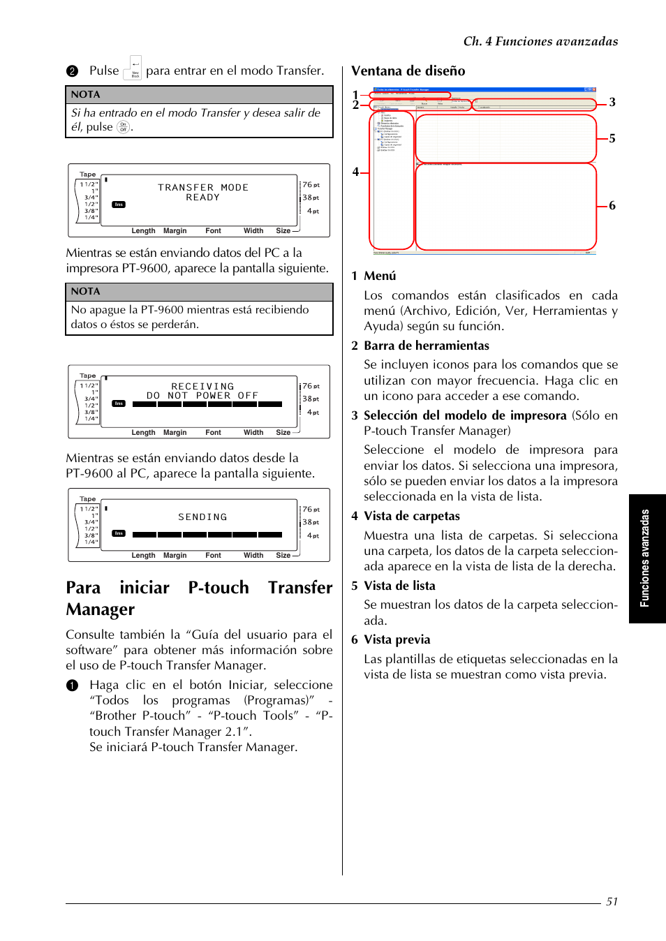 Para iniciar p-touch transfer manager, Ventana de diseño, Ch. 4 funciones avanzadas | Fu nc io n es a va n za d a s | Brother PT-9600 User Manual | Page 181 / 235