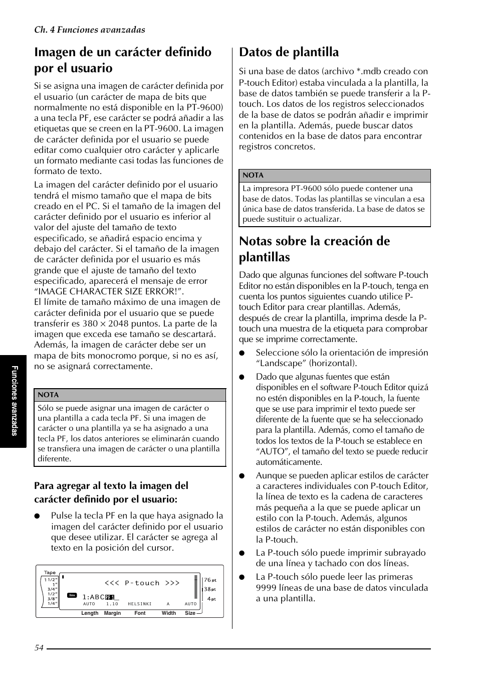 Imagen de un carácter definido por el usuario, Datos de plantilla, Notas sobre la creación de plantillas | Ch. 4 funciones avanzadas, Fu n cio n es a van zad as | Brother PT-9600 User Manual | Page 184 / 235
