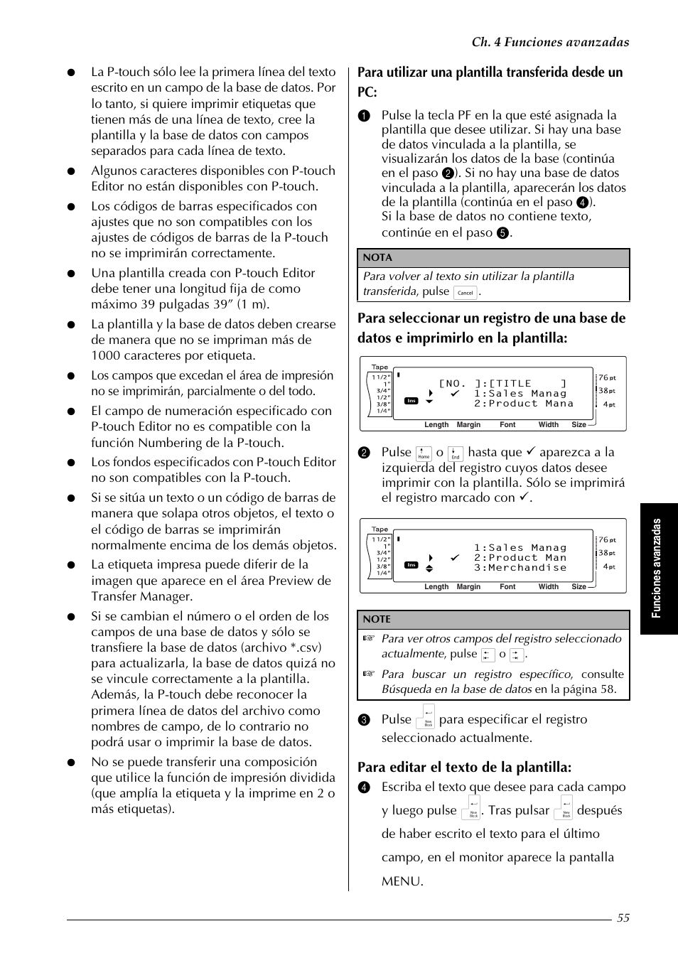 Para editar el texto de la plantilla, Ch. 4 funciones avanzadas, Fu nc io n es a va n za d a s | Brother PT-9600 User Manual | Page 185 / 235
