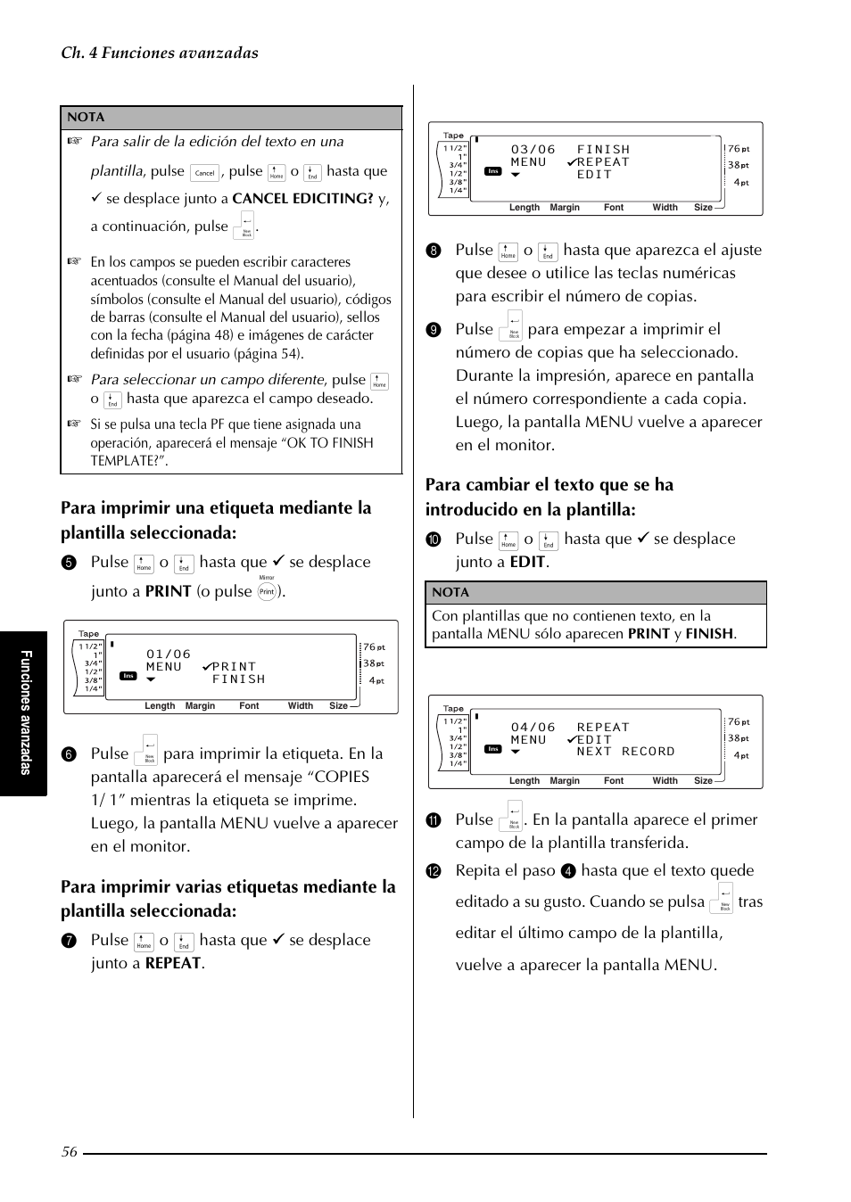 Ch. 4 funciones avanzadas, Fu n cio n es a van zad as | Brother PT-9600 User Manual | Page 186 / 235