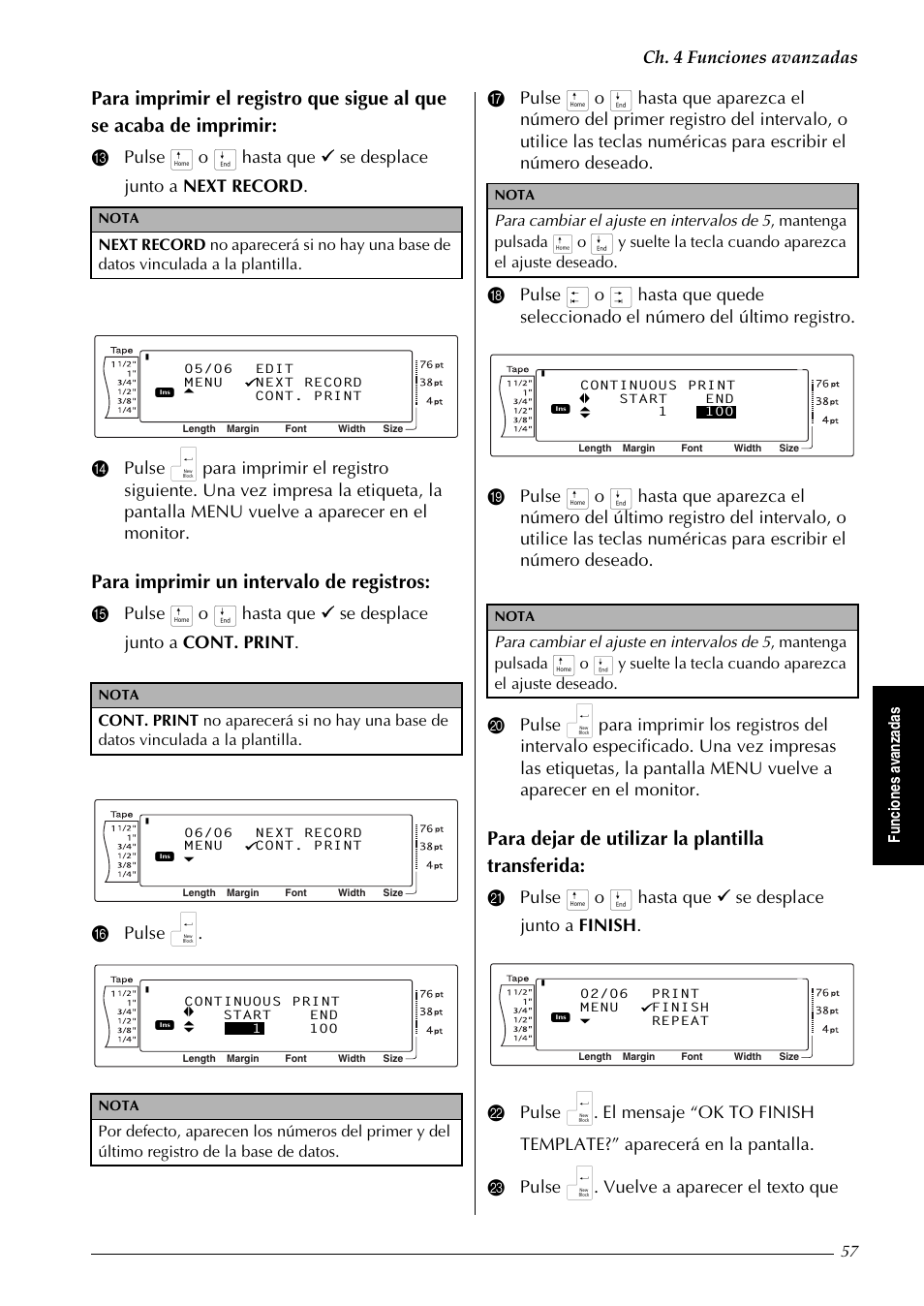 Para imprimir un intervalo de registros, Para dejar de utilizar la plantilla transferida, Ch. 4 funciones avanzadas | Fu nc io n es a va n za d a s | Brother PT-9600 User Manual | Page 187 / 235