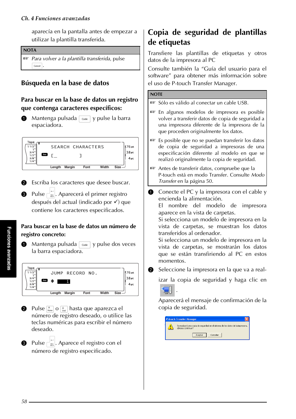 Copia de seguridad de plantillas de etiquetas, Búsqueda en la base de datos, Ch. 4 funciones avanzadas | Fu n cio n es a van zad as, Para volver a la plantilla transferida , pulse e, Sólo es válido al conectar un cable usb | Brother PT-9600 User Manual | Page 188 / 235