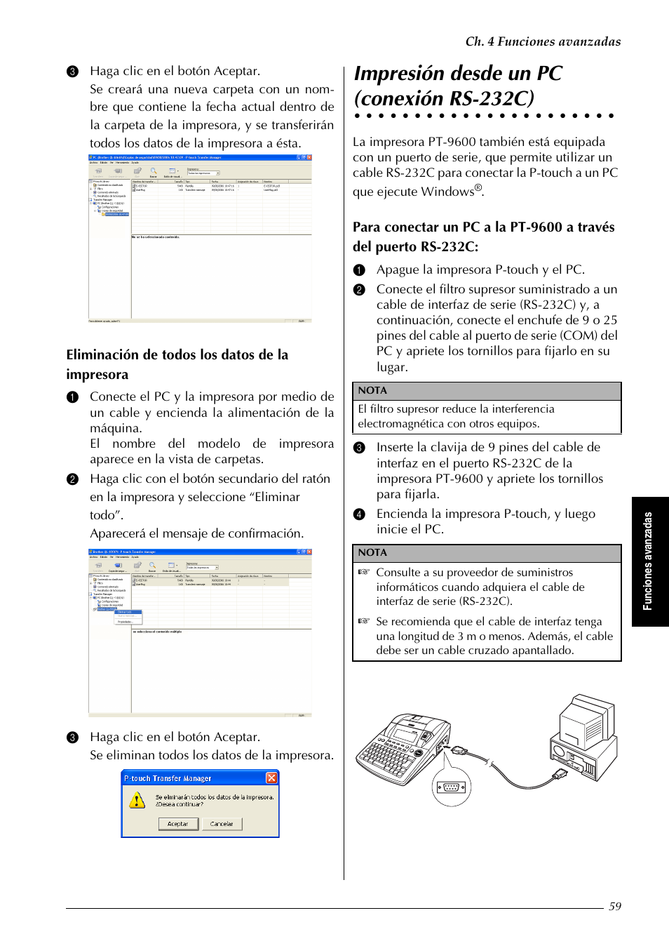 Impresión desde un pc (conexión rs-232c), Impresión desde un pc, Conexión rs-232c) | Brother PT-9600 User Manual | Page 189 / 235