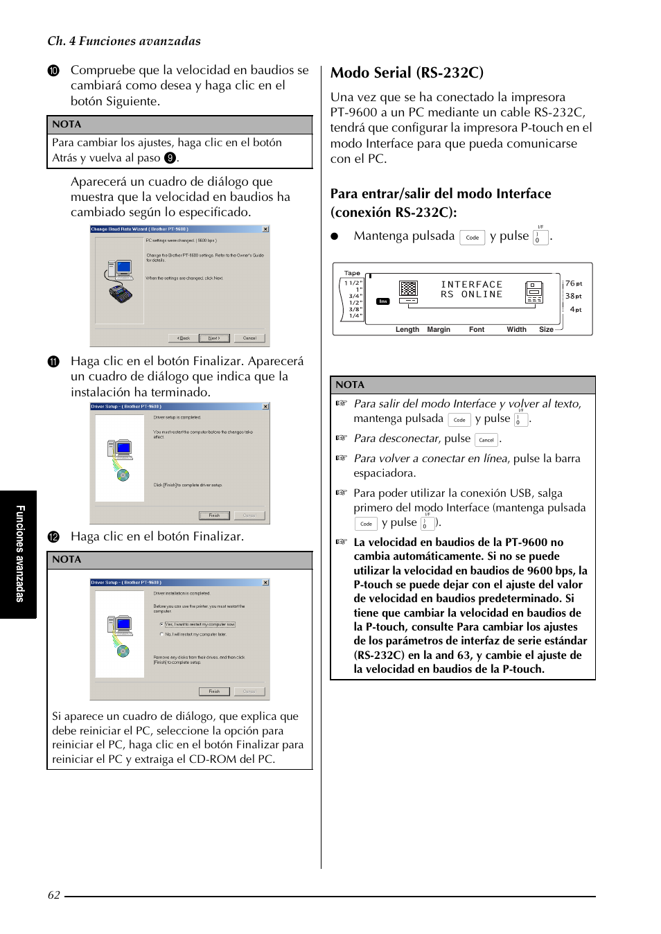 Modo serial (rs-232c), Ch. 4 funciones avanzadas, Mantenga pulsada d y pulse 0 | Fu n cio n es a van zad as, Para desconectar , pulse e | Brother PT-9600 User Manual | Page 192 / 235