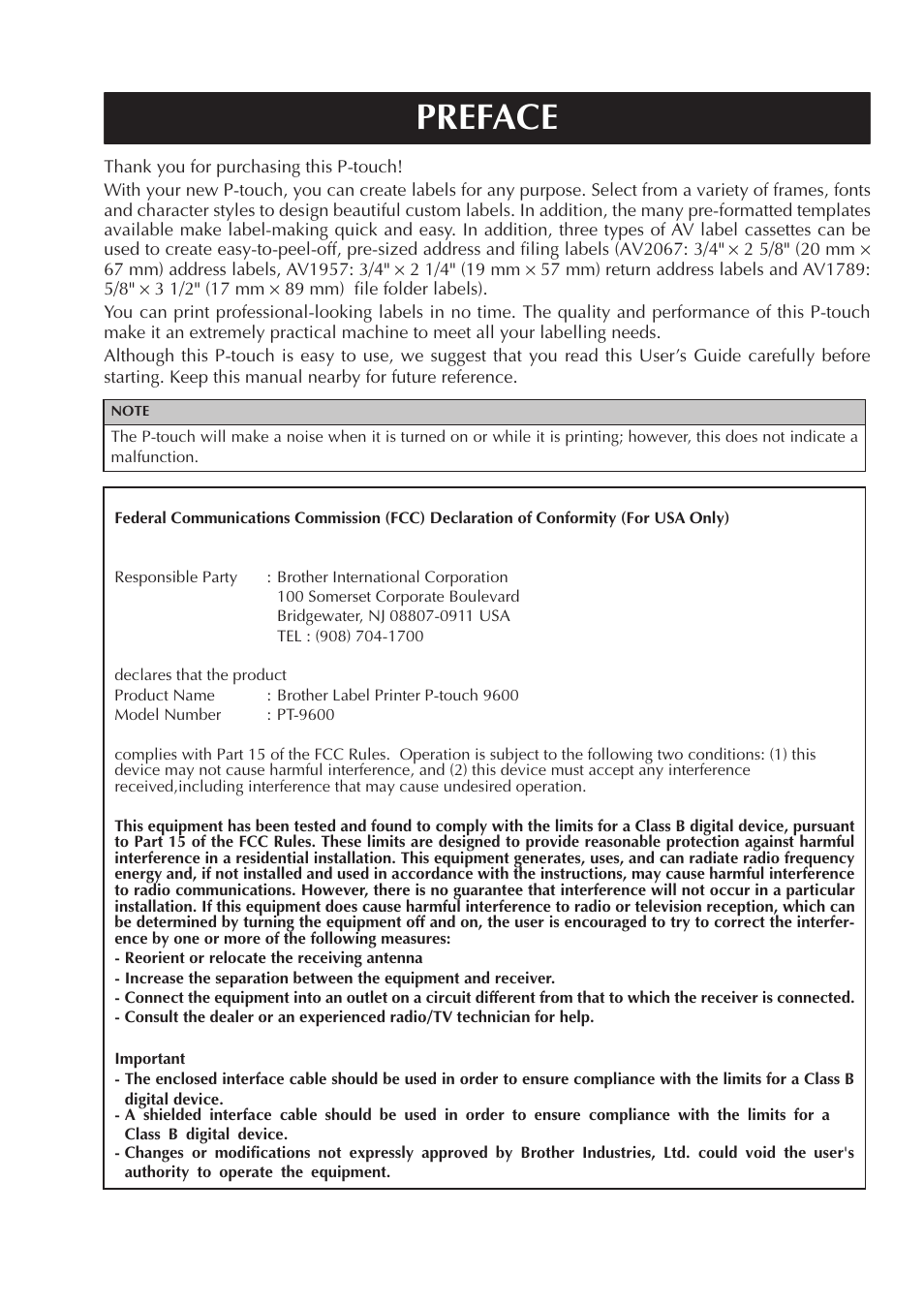 English, Preface | Brother PT-9600 User Manual | Page 2 / 235