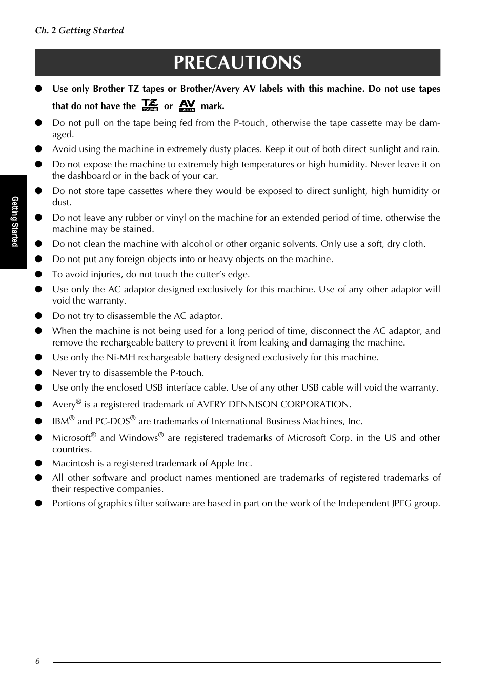 Precautions | Brother PT-9600 User Manual | Page 20 / 235