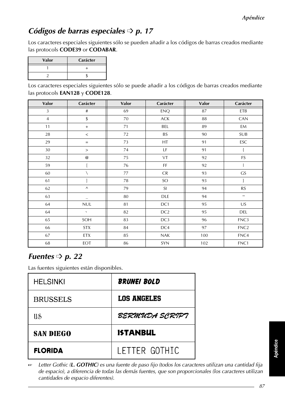 Códigos de barras especiales è p. 17, Fuentes è p. 22, Códigos de barras especiales fuentes | Códigos de barras especiales ➩ p. 17, Fuentes ➩ p. 22 | Brother PT-9600 User Manual | Page 217 / 235