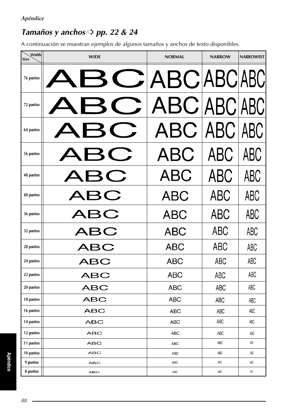 Tamaños y anchos è pp. 22 & 24, Tamaños y anchos, Tamaños y anchos ➩ pp. 22 & 24 | Brother PT-9600 User Manual | Page 218 / 235