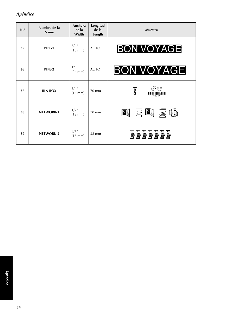 Apéndice | Brother PT-9600 User Manual | Page 226 / 235