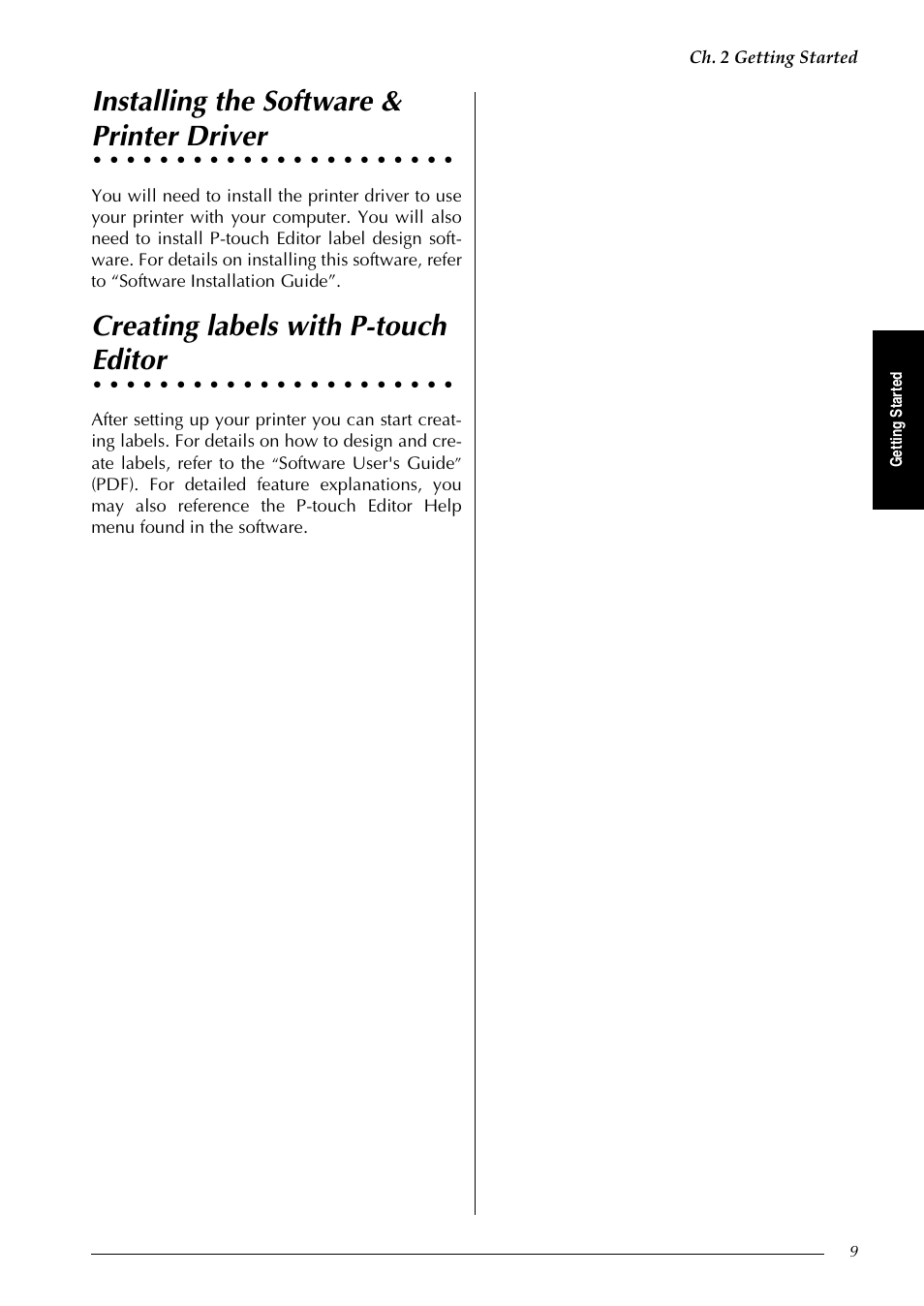 Installing the software & printer driver, Creating labels with p-touch editor, Installing the software | Printer driver, Creating labels with p-touch, Editor | Brother PT-9600 User Manual | Page 23 / 235