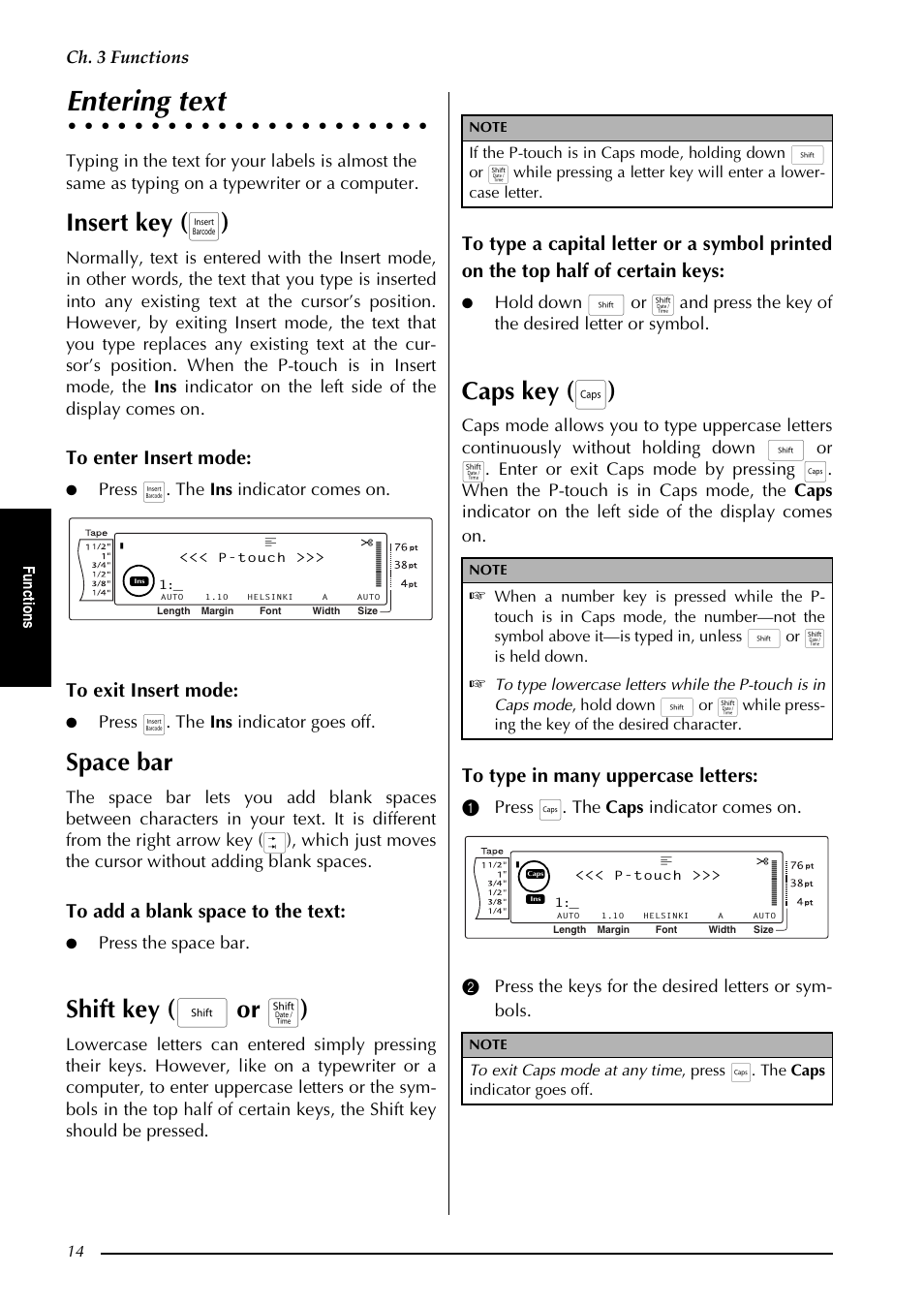 Entering text, P. 14, P.14 | Insert key ( i ), Space bar, Shift key ( h or t ), Caps key ( c ), Ch. 3 functions, Press i. the ins indicator comes on, Press i. the ins indicator goes off | Brother PT-9600 User Manual | Page 28 / 235