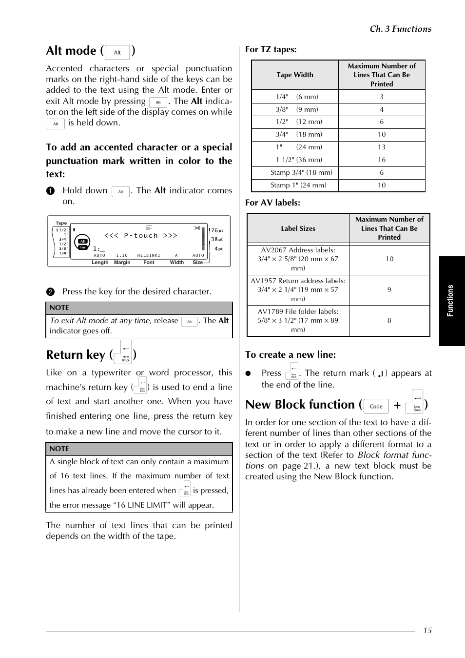 Alt mode ( a ), Return key ( n ), New block function ( d + n ) | Ch. 3 functions | Brother PT-9600 User Manual | Page 29 / 235