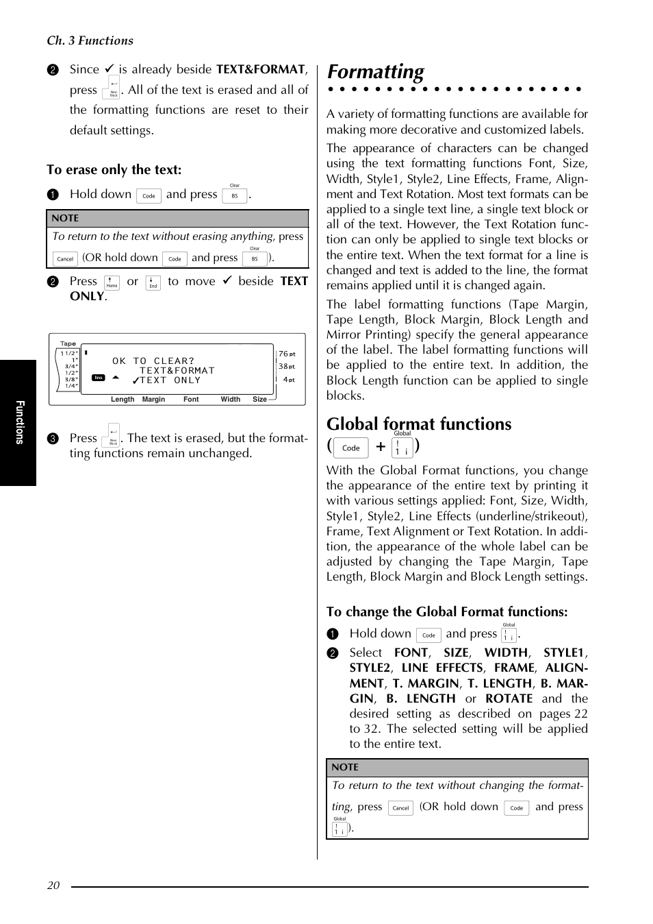Formatting, Global format functions ( d + 1 ), Ch. 3 functions | Brother PT-9600 User Manual | Page 34 / 235