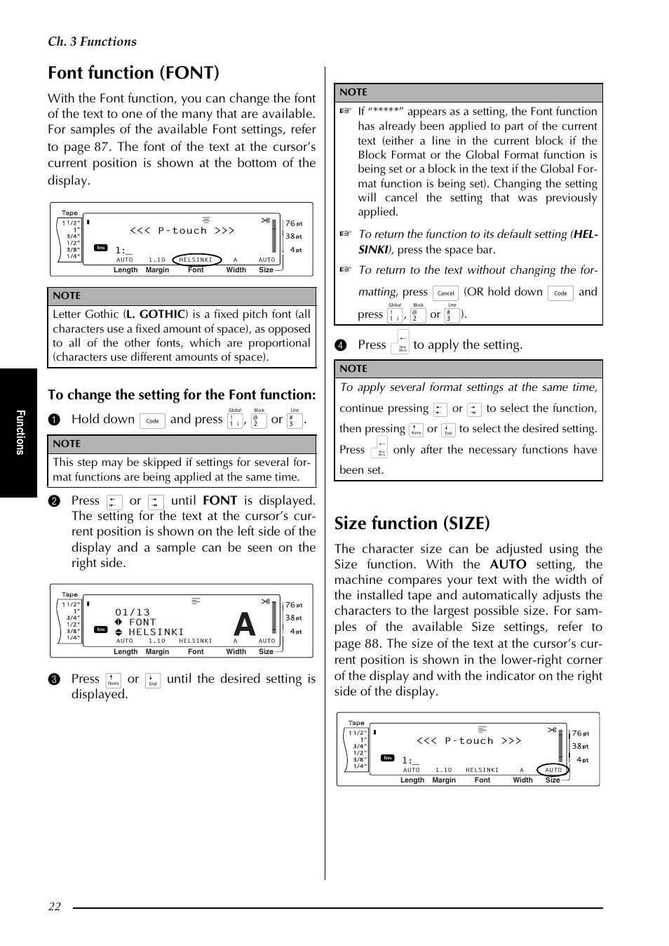 P. 22, Font function (font), Size function (size) | Ch. 3 functions, Fu nc ti o ns, Or hold down, And press | Brother PT-9600 User Manual | Page 36 / 235