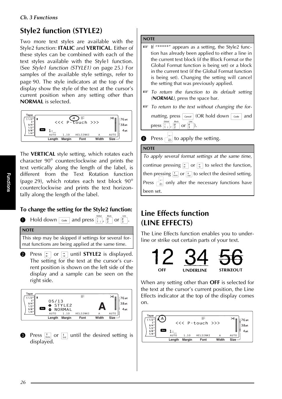 P. 26, Style2 function (style2), Line effects function (line effects) | Ch. 3 functions, 4 press n to apply the setting, Fu nc ti o ns, Or hold down, And press | Brother PT-9600 User Manual | Page 40 / 235