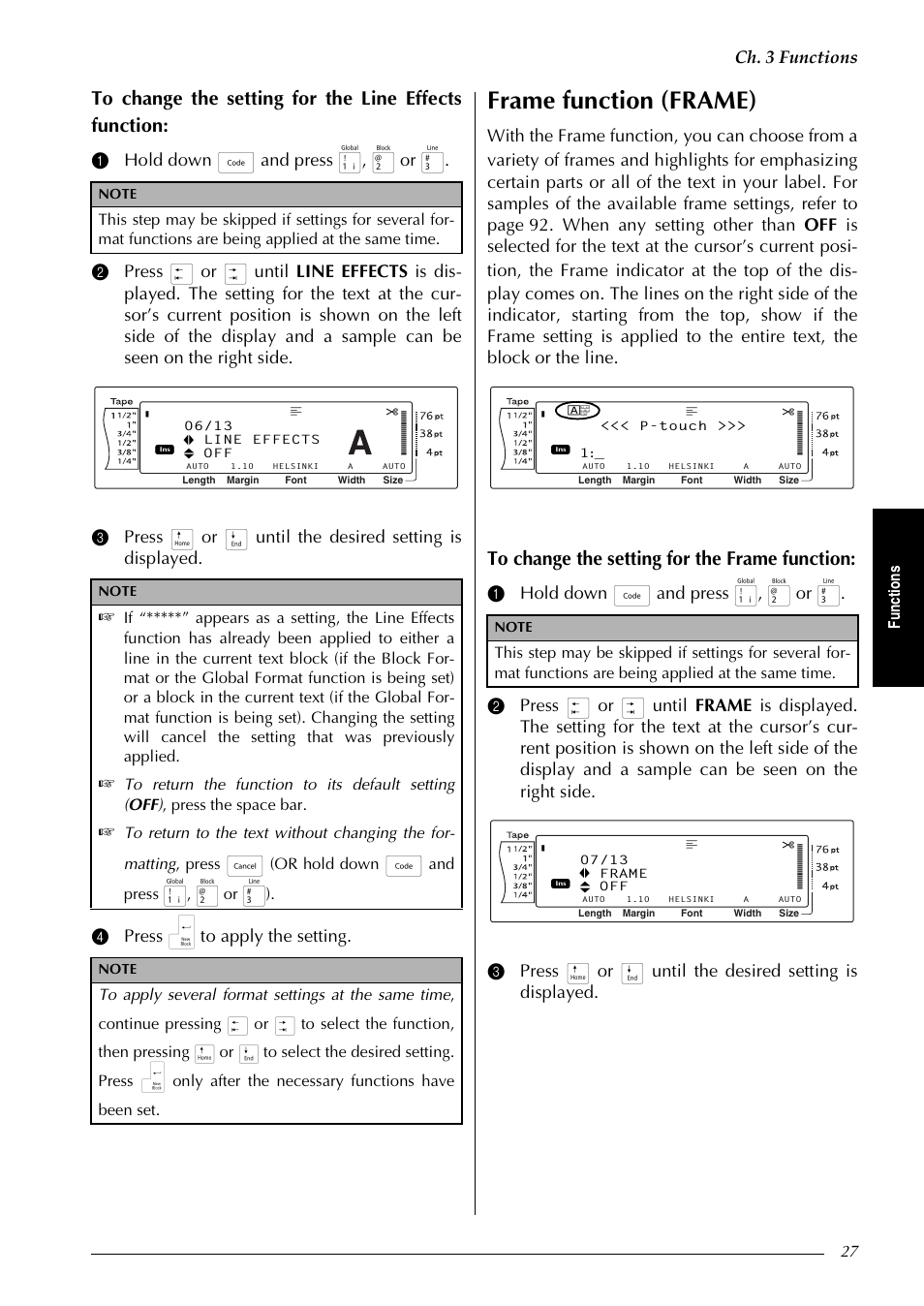 Frame function (frame), Ch. 3 functions, Fu nc ti on s | Or hold down, And press | Brother PT-9600 User Manual | Page 41 / 235