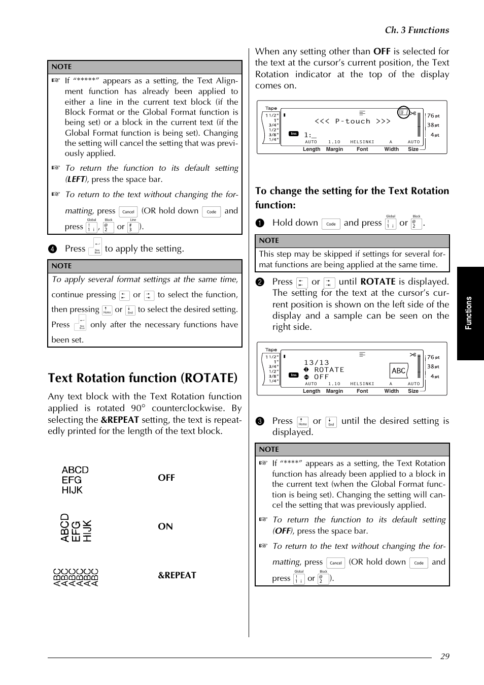 P. 29, 22 through 29), Text rotation function (rotate) | Ch. 3 functions, 4 press n to apply the setting, Off on &repeat, Fu nc ti on s, Or hold down, And press | Brother PT-9600 User Manual | Page 43 / 235