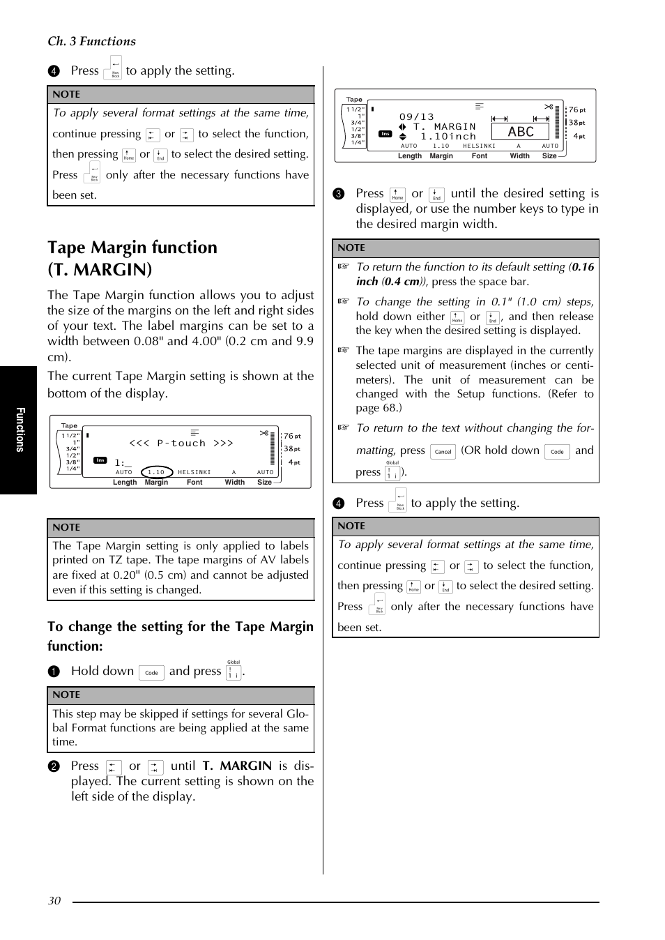 Tape margin function (t. margin), Ch. 3 functions, 4 press n to apply the setting | Fu nc ti o ns, Or hold down, And press | Brother PT-9600 User Manual | Page 44 / 235