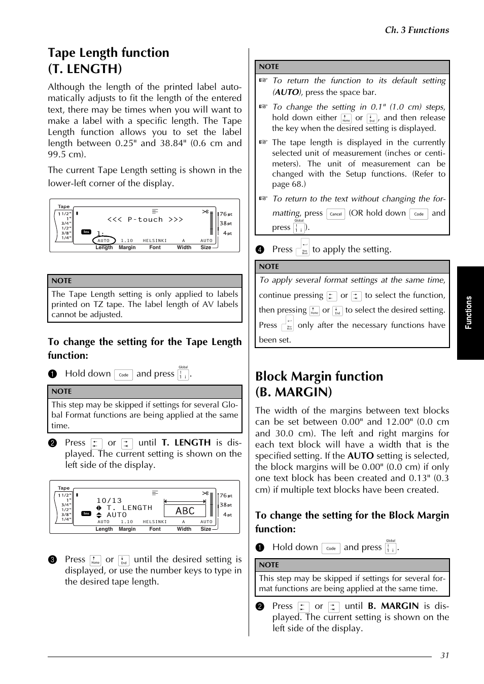 Tape length function (t. length), Block margin function (b. margin), Ch. 3 functions | 4 press n to apply the setting, Fu nc ti on s, Or hold down, And press | Brother PT-9600 User Manual | Page 45 / 235