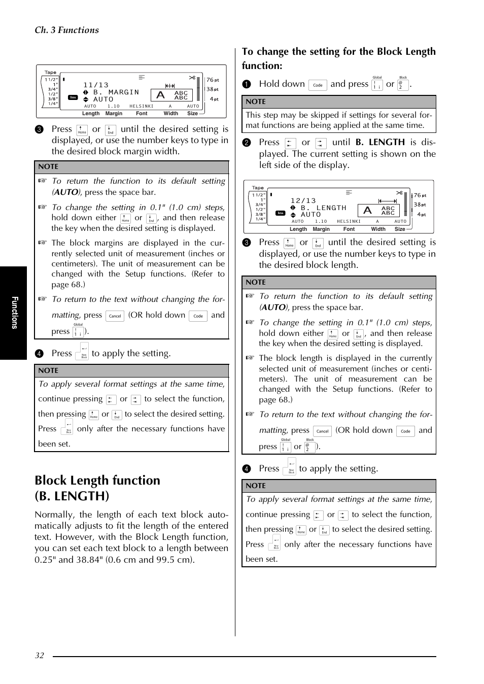 To 32, Block length function (b. length), Ch. 3 functions | Fu nc ti o ns, Or hold down, And press | Brother PT-9600 User Manual | Page 46 / 235