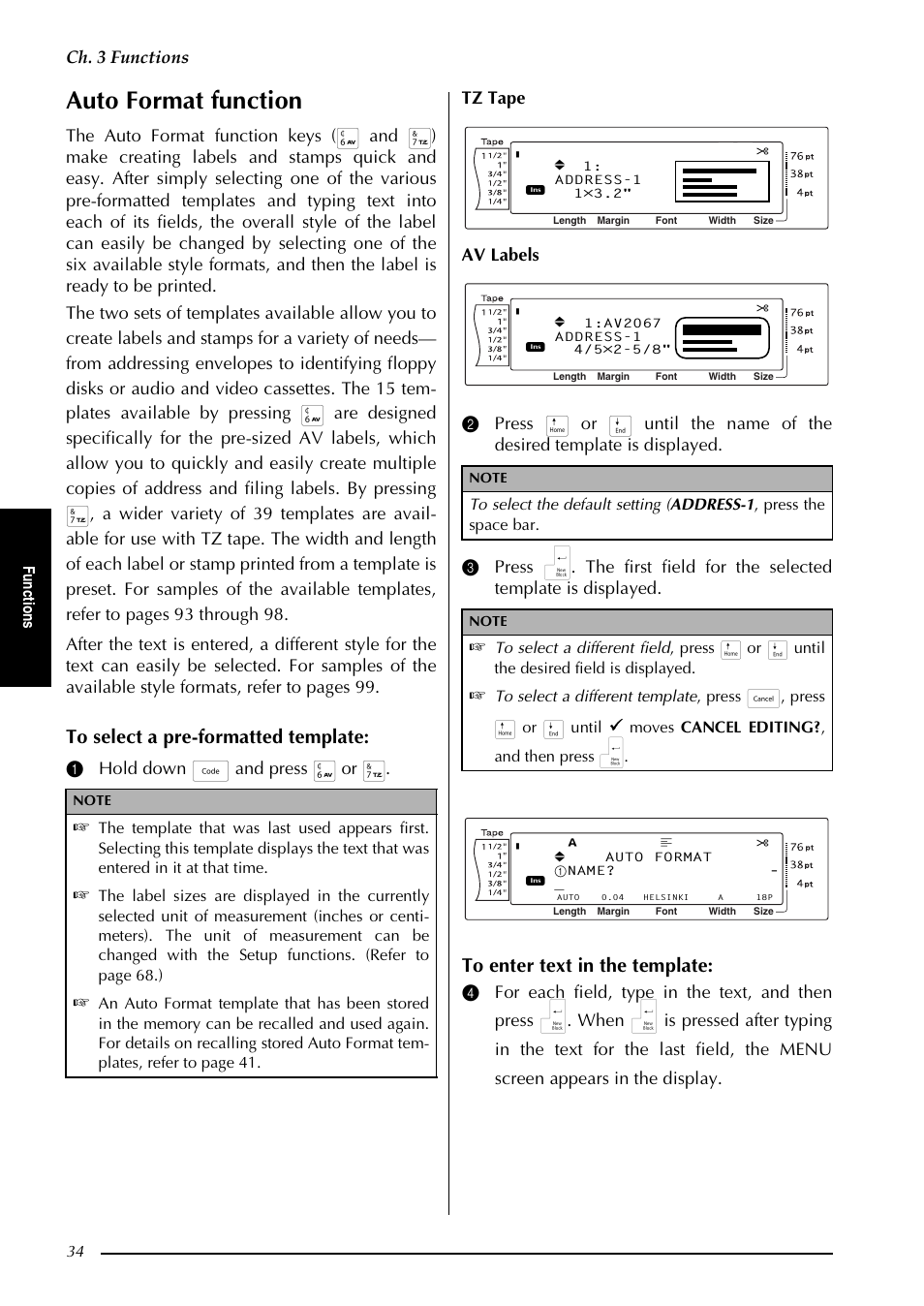 Auto format function, Ch. 3 functions, Fu nc ti o ns | Moves cancel editing? , and then press n | Brother PT-9600 User Manual | Page 48 / 235