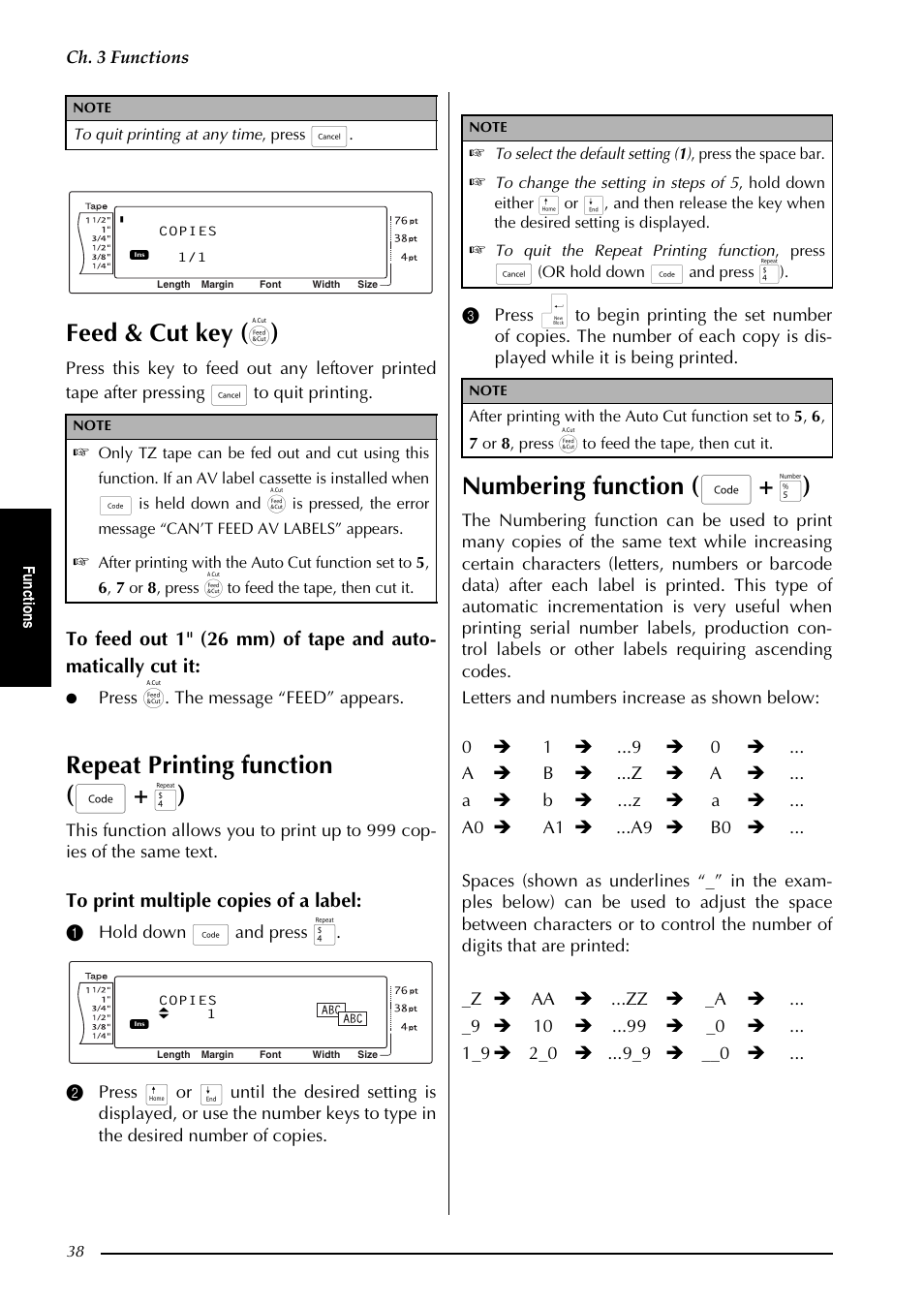 Feed & cut key, Repeat printing function ( d, Numbering function ( d | Ch. 3 functions, Press f. the message “feed” appears | Brother PT-9600 User Manual | Page 52 / 235