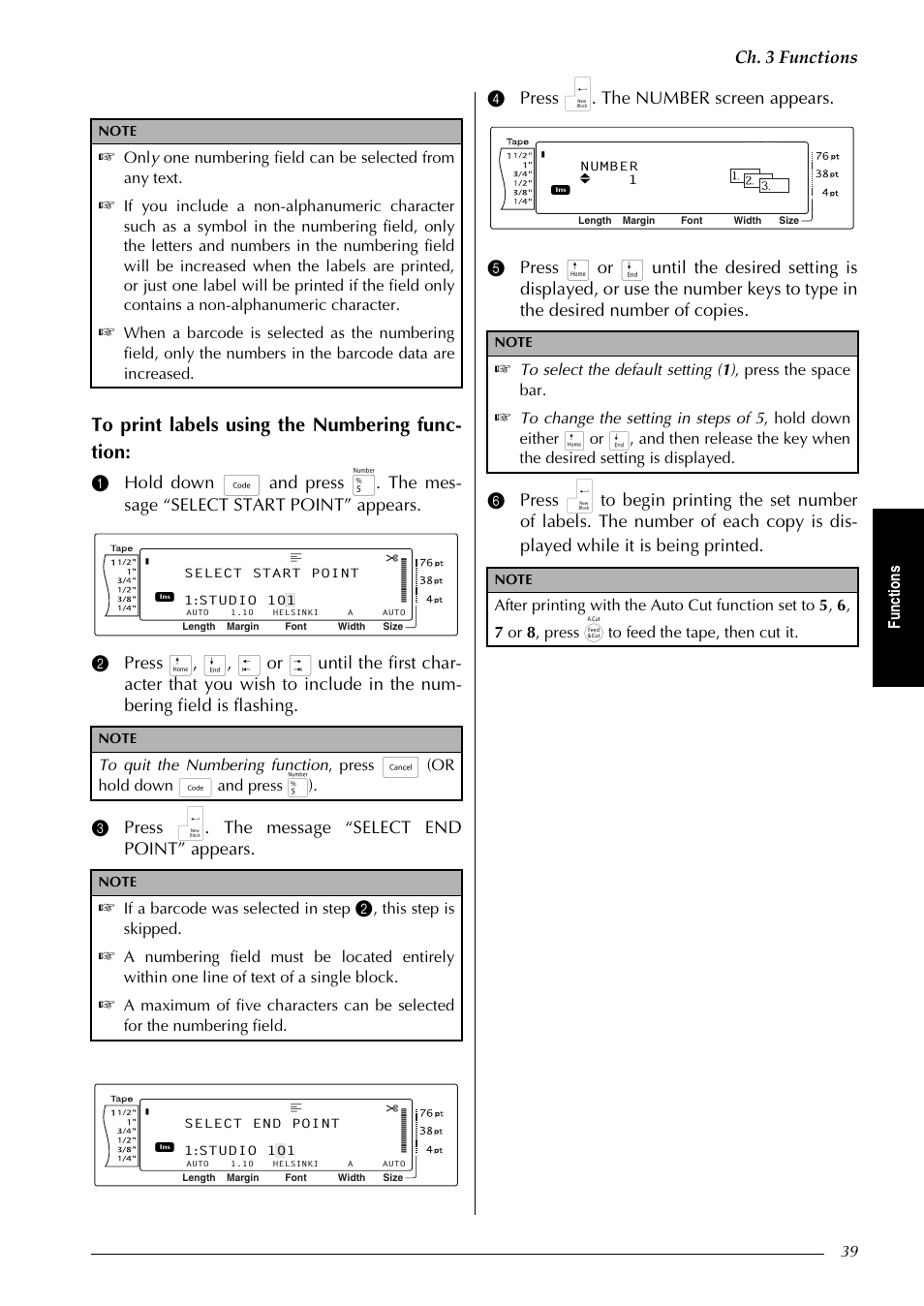 Ch. 3 functions, Fu nc ti on s, Or hold down d and press 5) | If a barcode was selected in step, This step is skipped | Brother PT-9600 User Manual | Page 53 / 235