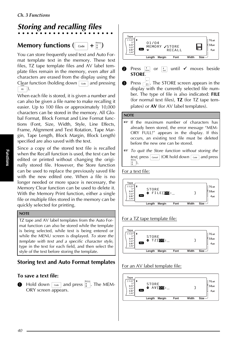 Storing and recalling files, Storing text and auto format templates, Ch. 3 functions | Fu nc ti o ns, Or hold down d and press 8) | Brother PT-9600 User Manual | Page 54 / 235