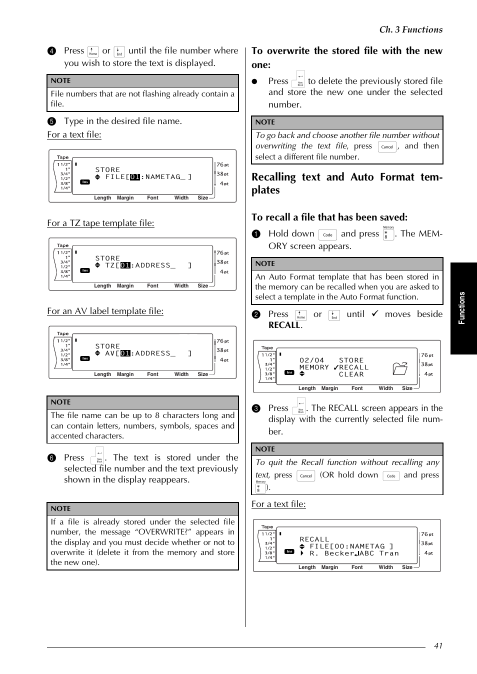 Recalling text and auto format tem- plates, Ch. 3 functions, Fu nc ti on s | And then select a different file number, Or hold down d and press 8) | Brother PT-9600 User Manual | Page 55 / 235