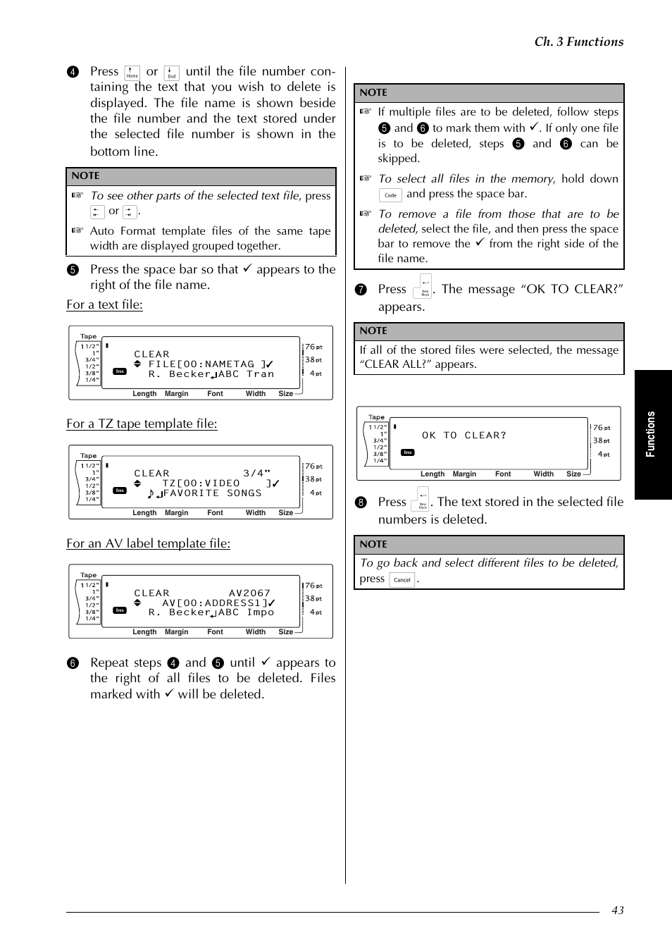 Ch. 3 functions, Fu nc ti on s, If multiple files are to be deleted, follow steps | If only one file is to be deleted, steps, Can be skipped | Brother PT-9600 User Manual | Page 57 / 235