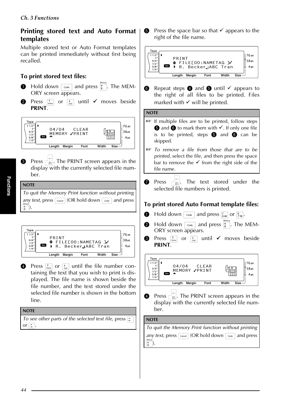 Printing stored text and auto format templates, Ch. 3 functions, Fu nc ti o ns | If multiple files are to be printed, follow steps, If only one file is to be printed, steps, Can be skipped | Brother PT-9600 User Manual | Page 58 / 235