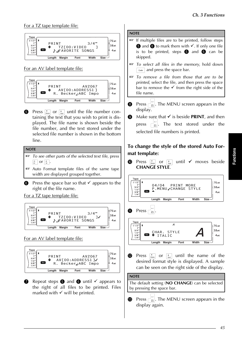 Ch. 3 functions, Fu nc ti on s, If multiple files are to be printed, follow steps | If only one file is to be printed, steps, Can be skipped | Brother PT-9600 User Manual | Page 59 / 235