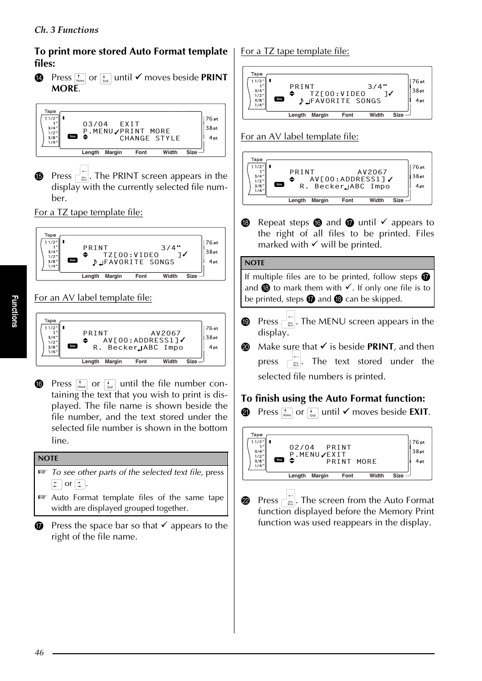 Ch. 3 functions, Fu nc ti o ns, If multiple files are to be printed, follow steps | If only one file is to be printed, steps, Can be skipped | Brother PT-9600 User Manual | Page 60 / 235