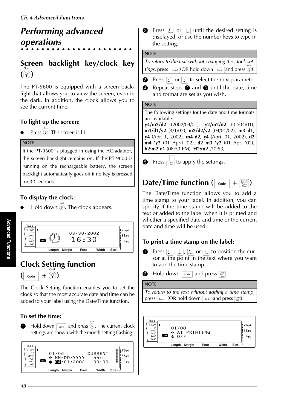 Performing advanced operations, Performing advanced, Operations | Screen backlight key/clock key ( ) ), Clock setting function ( d + ) ), Date/time function ( d + t ), Ch. 4 advanced functions, Press ). the screen is lit, Hold down ). the clock appears, Ad va n ce d fu nc tion s | Brother PT-9600 User Manual | Page 62 / 235
