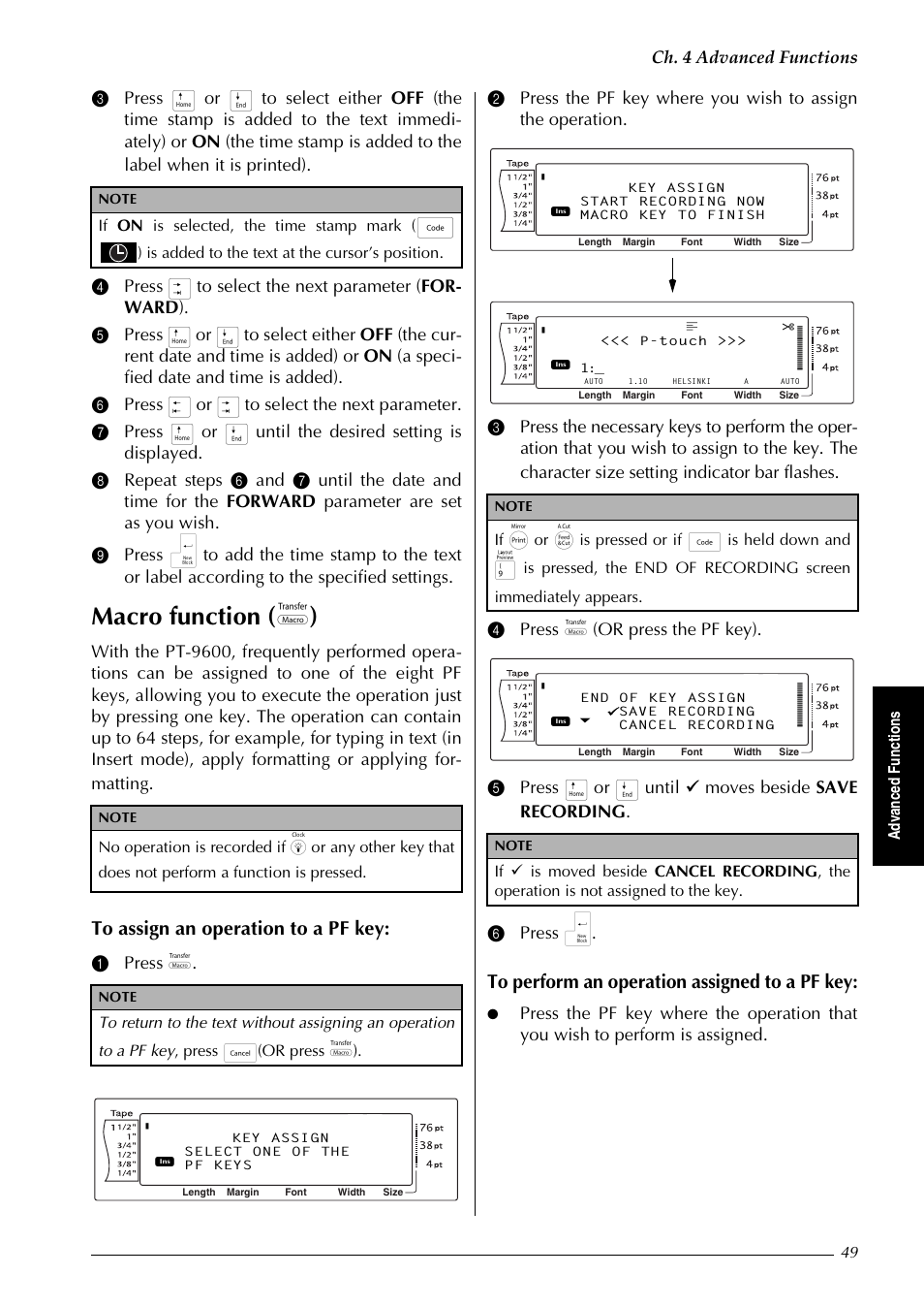 Macro function ( ( ), Ch. 4 advanced functions, Adv an ce d fu nc ti o n s | If on is selected, the time stamp mark, Is added to the text at the cursor’s position | Brother PT-9600 User Manual | Page 63 / 235