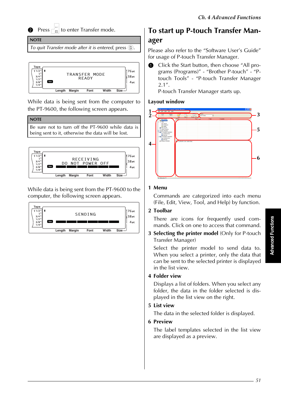 Ch. 4 advanced functions, Adv an ce d fu nc ti o n s | Brother PT-9600 User Manual | Page 65 / 235