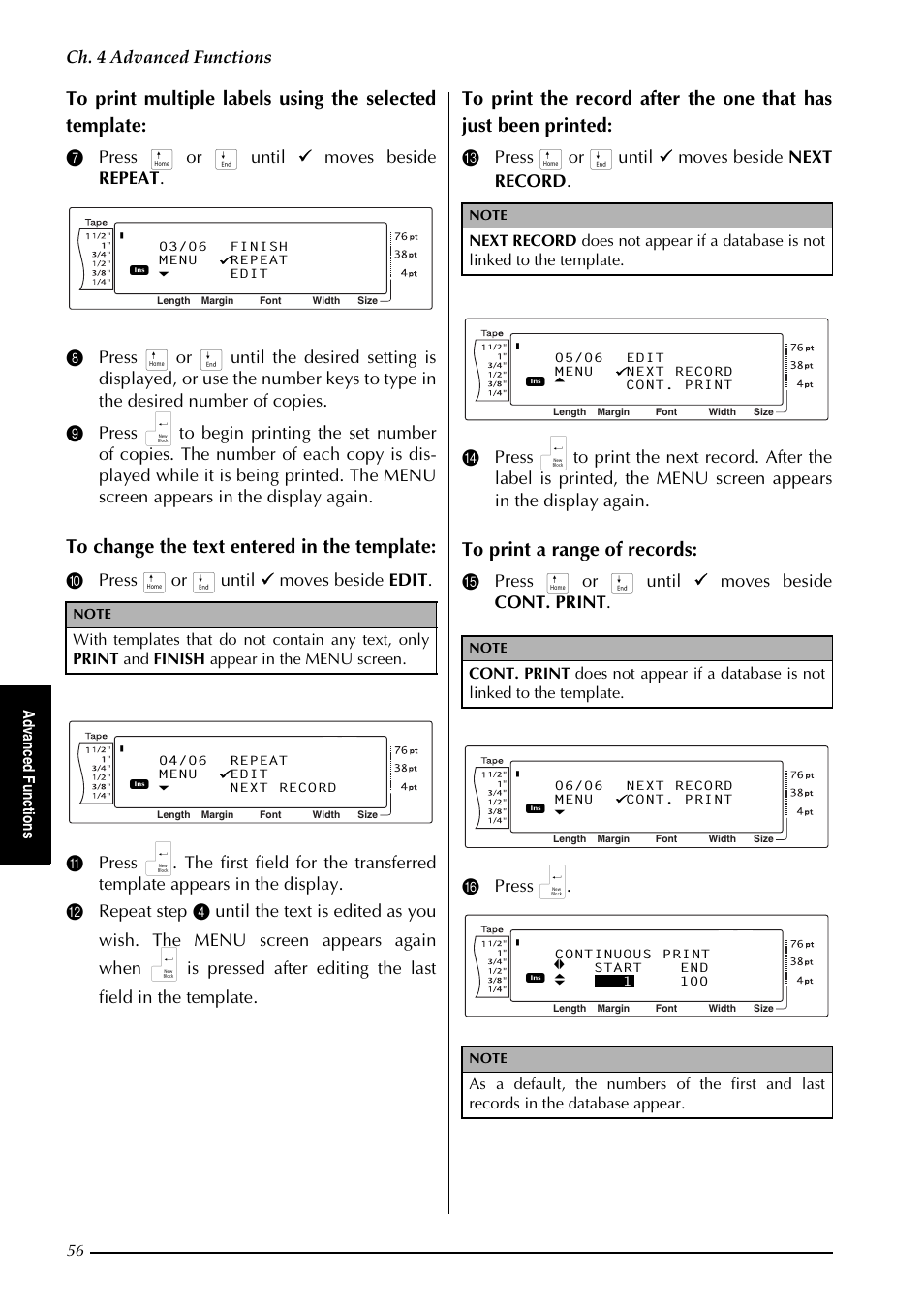 Ch. 4 advanced functions, Ad va n ce d fu nc tion s | Brother PT-9600 User Manual | Page 70 / 235