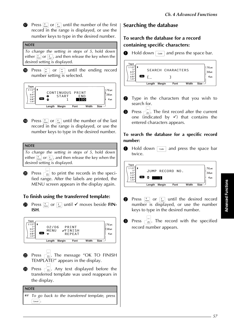 Searching the database, Ch. 4 advanced functions, Adv an ce d fu nc ti o n s | Brother PT-9600 User Manual | Page 71 / 235