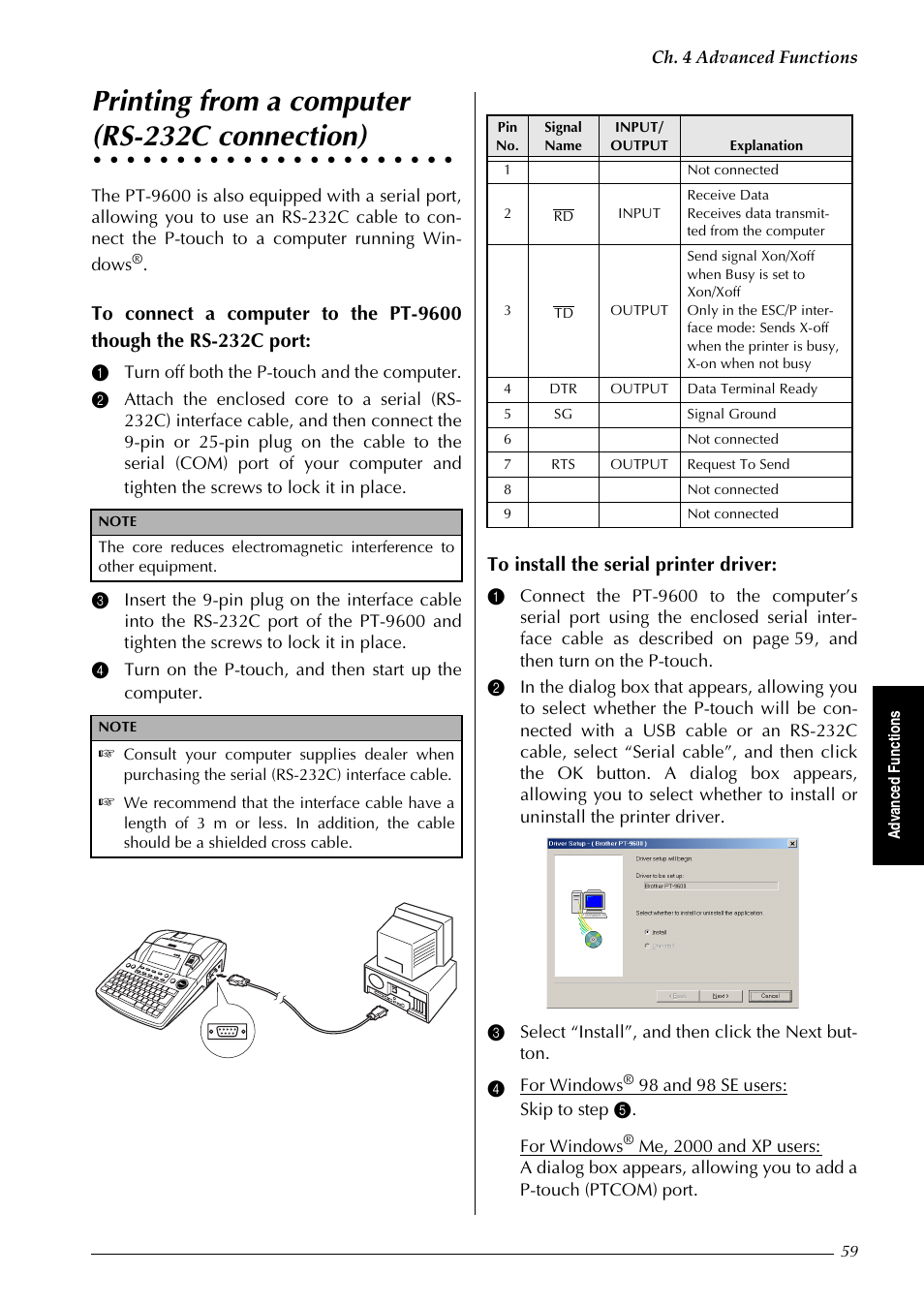 Printing from a computer (rs-232c connection), Printing from a computer, Rs-232c connection) | Brother PT-9600 User Manual | Page 73 / 235