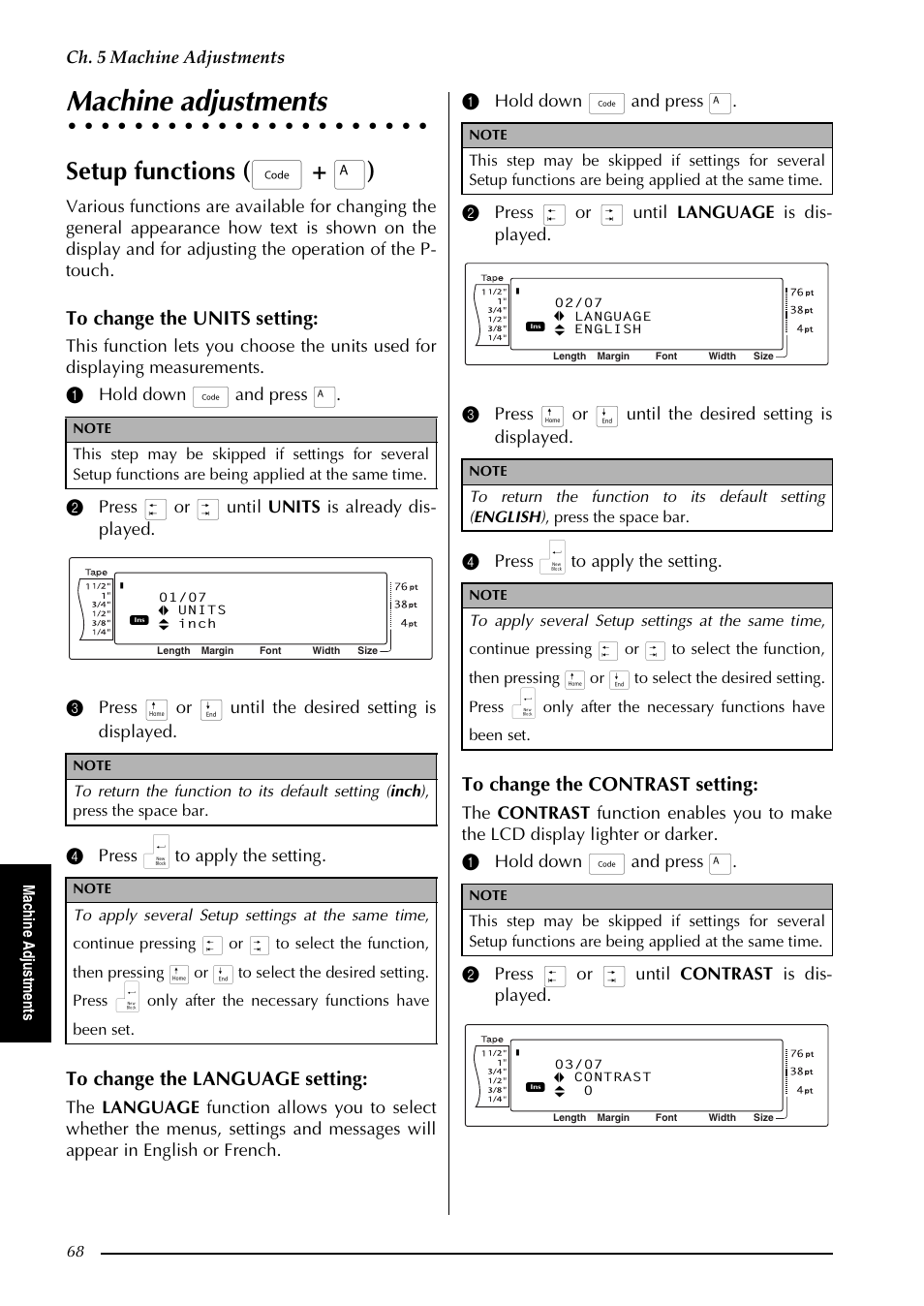 Machine adjustments, Setup functions ( d + a ), Ch. 5 machine adjustments | Brother PT-9600 User Manual | Page 82 / 235