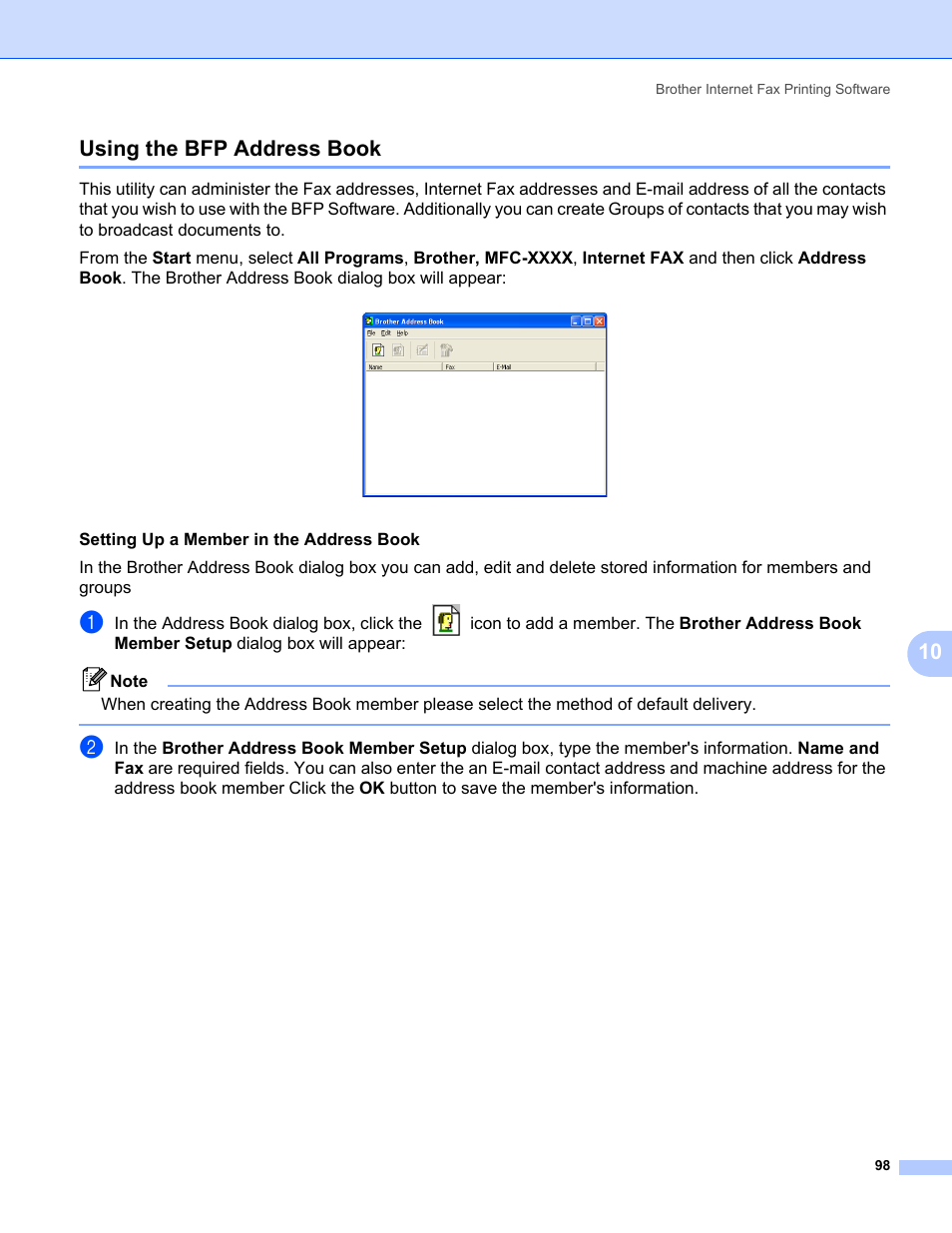 Using the bfp address book, 10 using the bfp address book | Brother MFC-665CW User Manual | Page 105 / 132