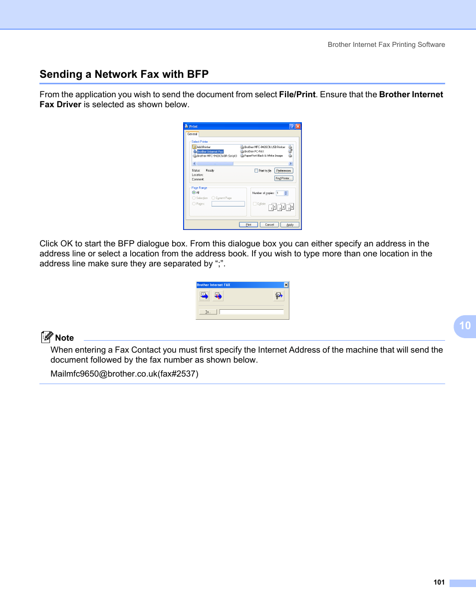 Sending a network fax with bfp, 10 sending a network fax with bfp | Brother MFC-665CW User Manual | Page 108 / 132