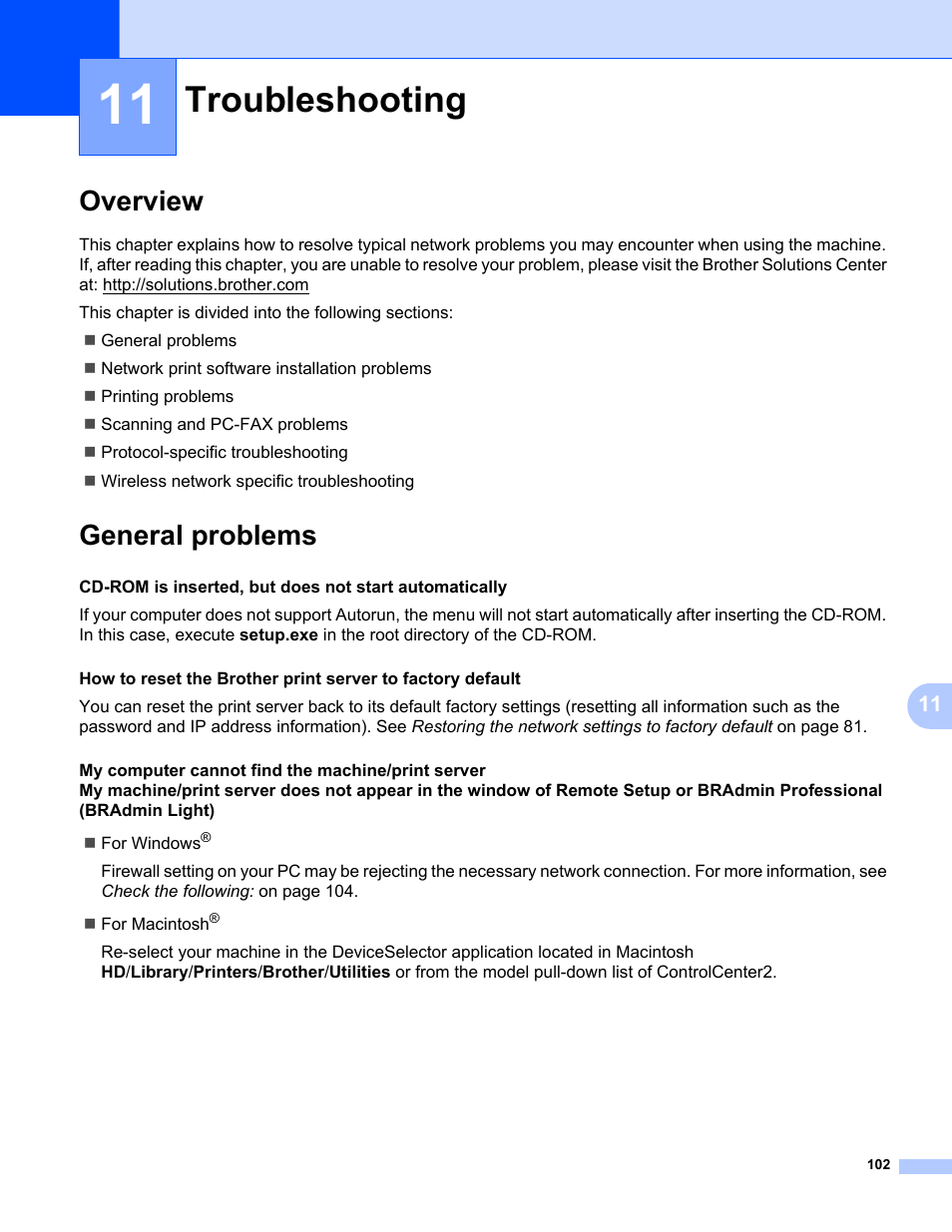 11 troubleshooting, Overview, General problems | Troubleshooting, Overview general problems | Brother MFC-665CW User Manual | Page 109 / 132