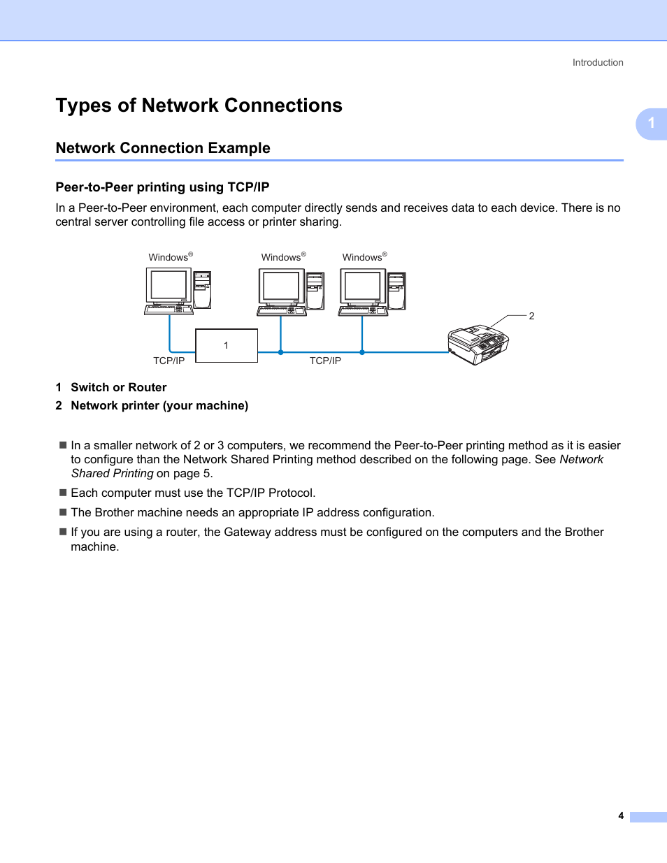 Types of network connections, Network connection example, Peer-to-peer printing using tcp/ip | Brother MFC-665CW User Manual | Page 11 / 132